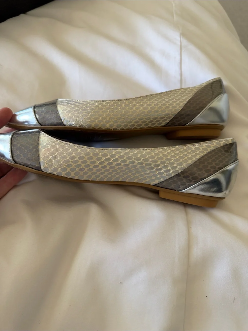Elie Tahari Silver Pointed Flats with Snake-Print Band